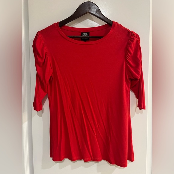 bobeau Tops - Bobeau Red Ruched Puff Sleeve Crew Neck Stretch Knit Tee Blouse Top Women Size S